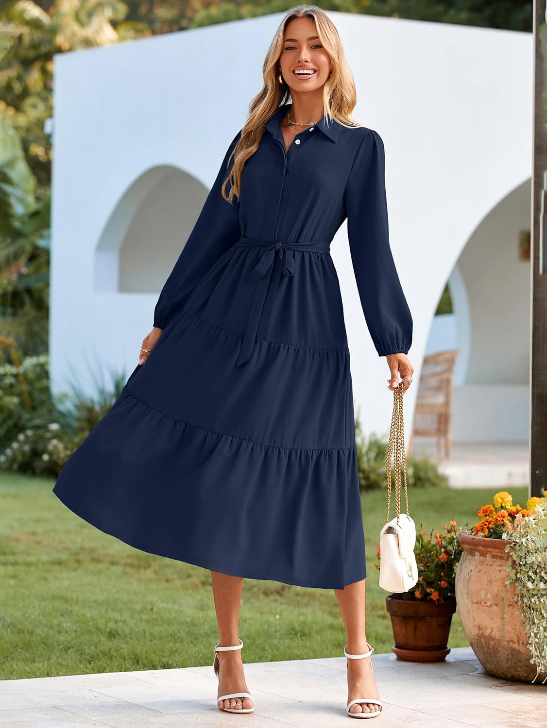 BerryGo Womens Long Sleeve Dresses 2026 Maxi Casual V Neck Belted Button Down Wedding Guest Shirt Dress with Pockets - Image 2