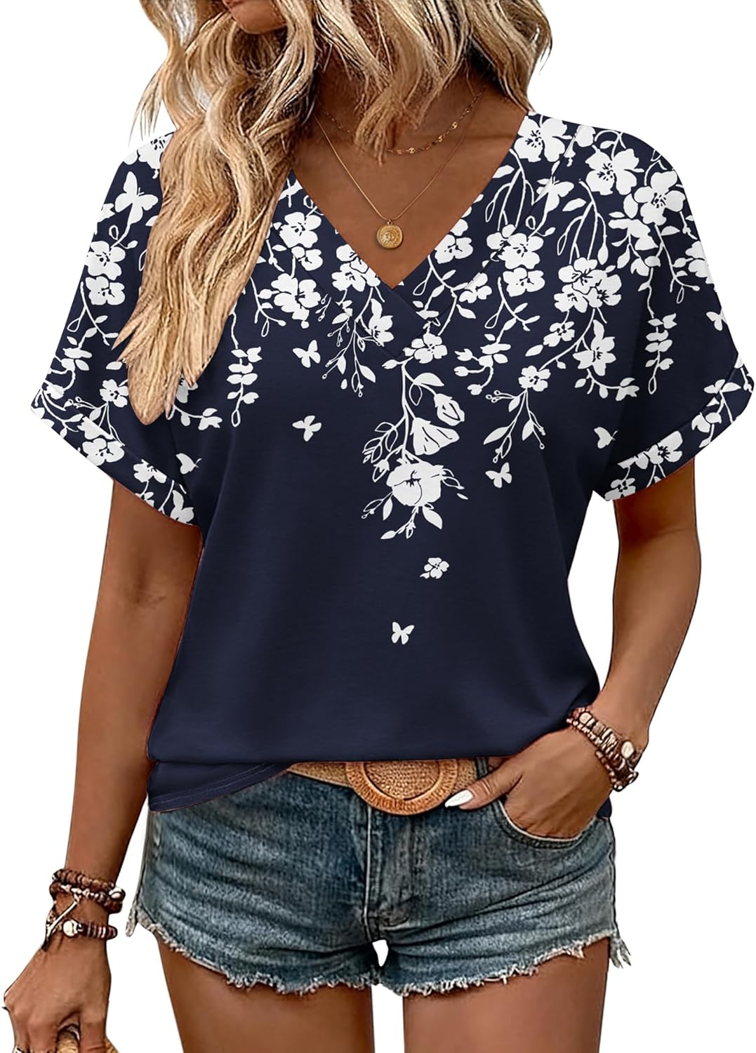 Zeagoo Womens Summer Tops Rolled Short Sleeve V Neck Shirts Casual Dressy Business Work Blouses Outfits - Image 2