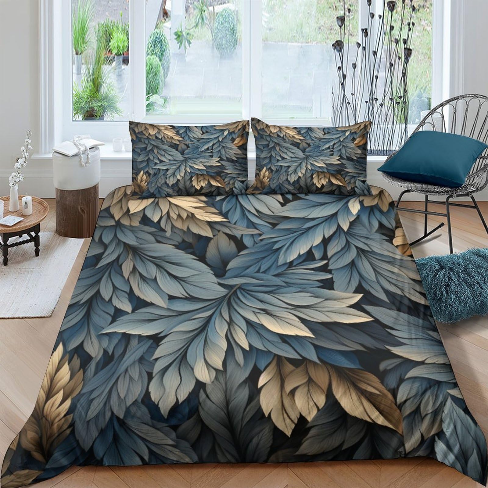 Housse de couette plumes anti-pli parure de lit imprimée bleu gris