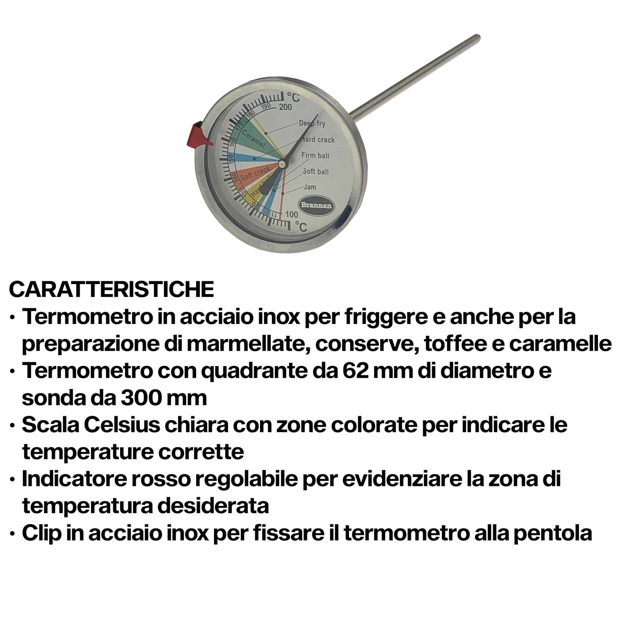 Brannan Termometro da zucchero con quadrante per marmellata, caramelle, dolci, pasticceria con sonda da 300 mm, ideale anche per cucinare olio e frittelle completo di clip per padella