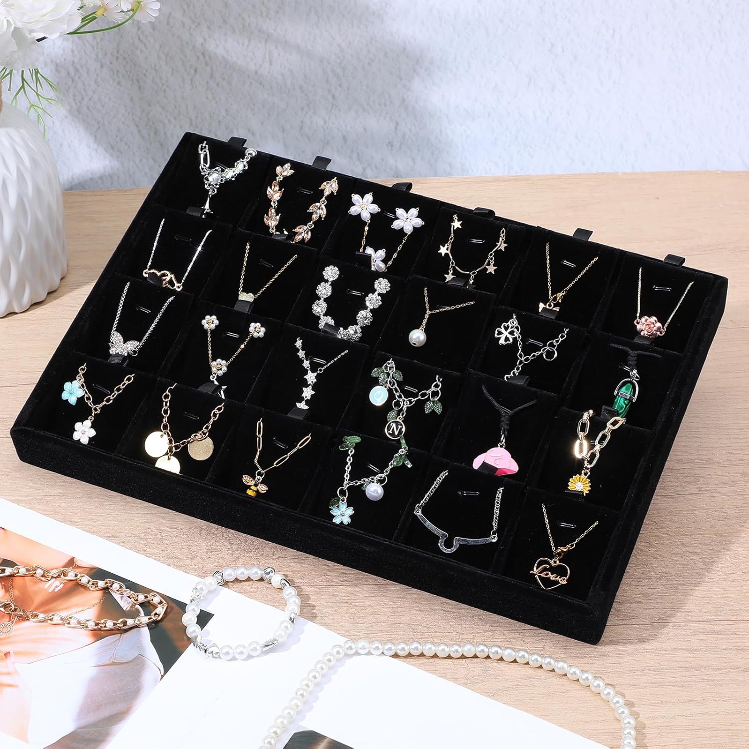 2pcs 24 Grids Stackable Jewelry Tray Organizer with Removable Dividers, Velvet Jewelry Display Tray for Earrings Necklaces Bracelet Rings Display Showcase - Black