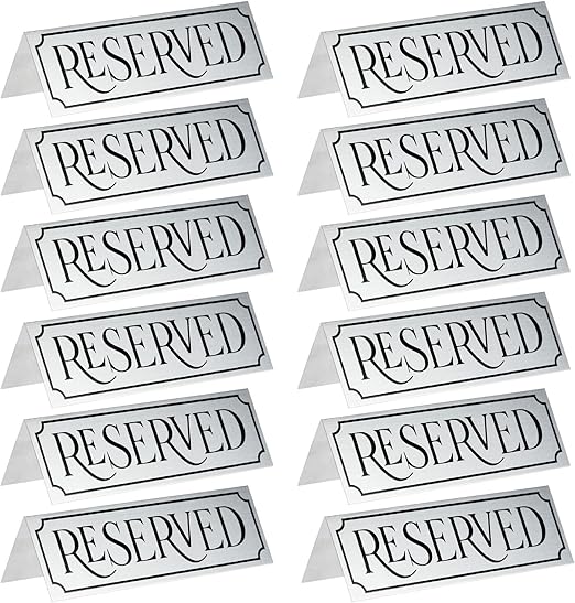 12-Pack Small Metal Reserved Table Signs for Wedding, Restaurant, Seating Reservation, Party Tables, Etched Silver Design (5X2X1 in)