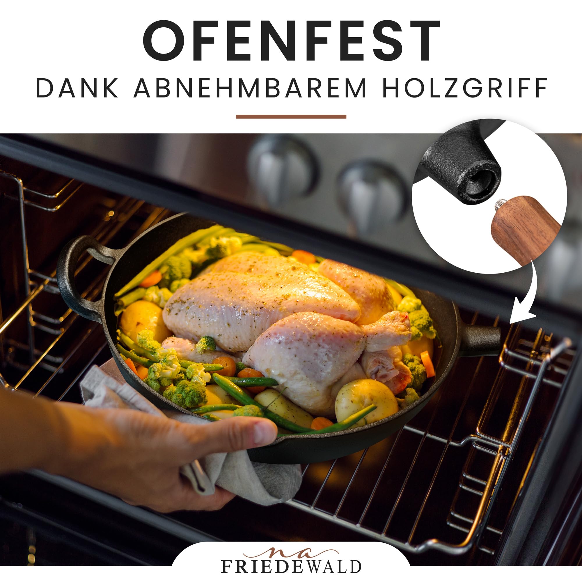 Friedewald® Gusseisen Wok mit Deckel - induktionsgeeignet - 33cm 5L / für 4-6 Personen - alle Herdarten - massive große Grill & Bratpfanne - Anti-Haft Beschichtung - hoher Rand - Schmorpfanne