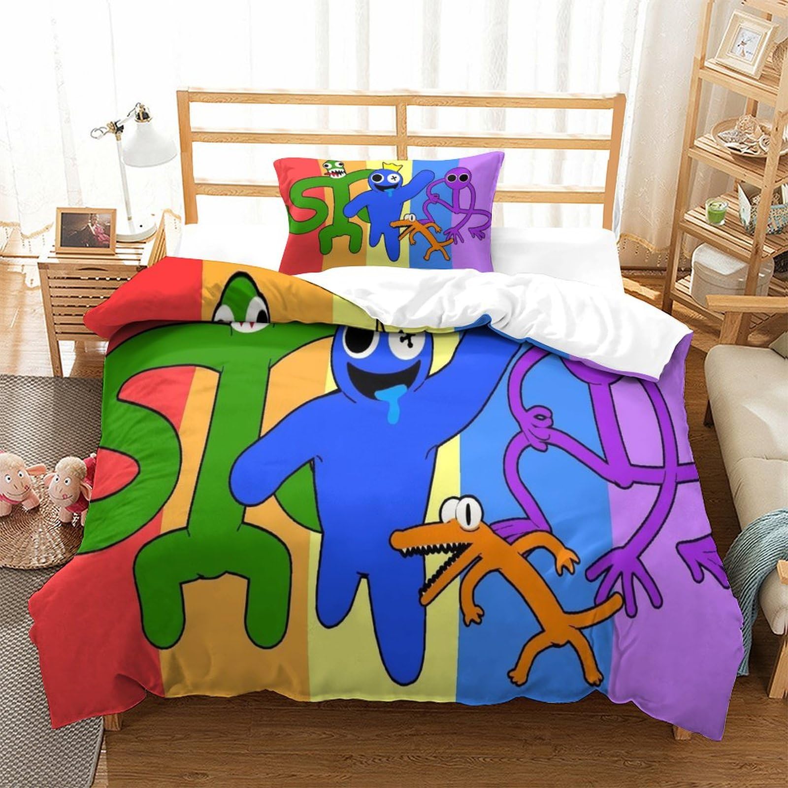 MJCZEGDCR Rainbow Friends Duvet Cover Set 3d Printed Bedding Quilt Cover Bedding Bed, Ultra Soft Microfiber Duvet Cover with Pillowcases for Boys Girls Single（135x200cm）