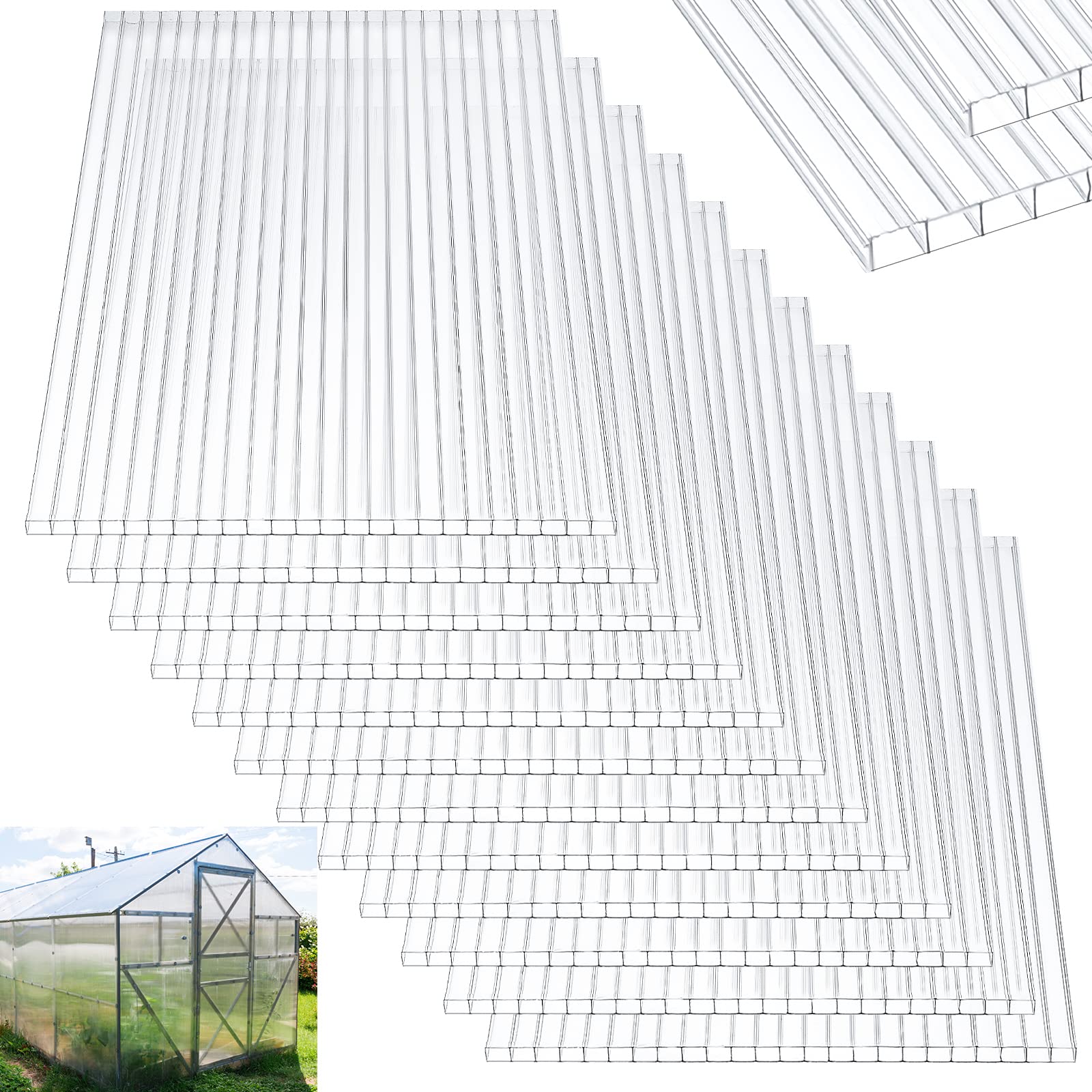 Tatuo 12 Pack Polycarbonate Greenhouse Panels Polycarbonate Sheets Twin-Wall Roof Panels Waterproof UV Protected Clear Corrugated Plastic Roofing for Greenhouse Replacement (2' X 6' X 0.24'')