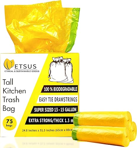 Miniatura 5 de Bolsas de basura biodegradables de 13 galones con cordones, 75 unidades a base de plantas, bolsas altas de compost de cocina Code Q de 50 litros,