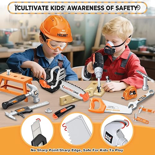 Miniatura 4 de SpringFlower Juego de herramientas para niños de 51 piezas con motosierra de juguete y taladro electrónico, juego de herramientas para niños de 3,