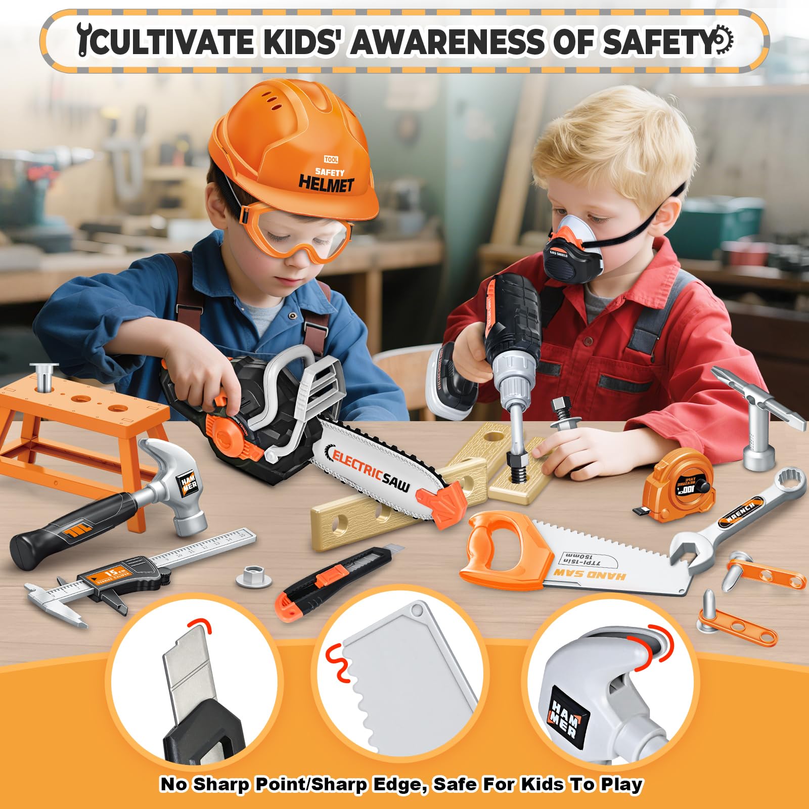 SpringFlower 51Pcs Kids Tool Set with Toy Chainsaw& Electronic Drill Toy, Toddler Tool Set, Construction Toys Tool for Kids age3,4,5,6,7,8, Tool Kit Toy for Christmas Birthday Gifts