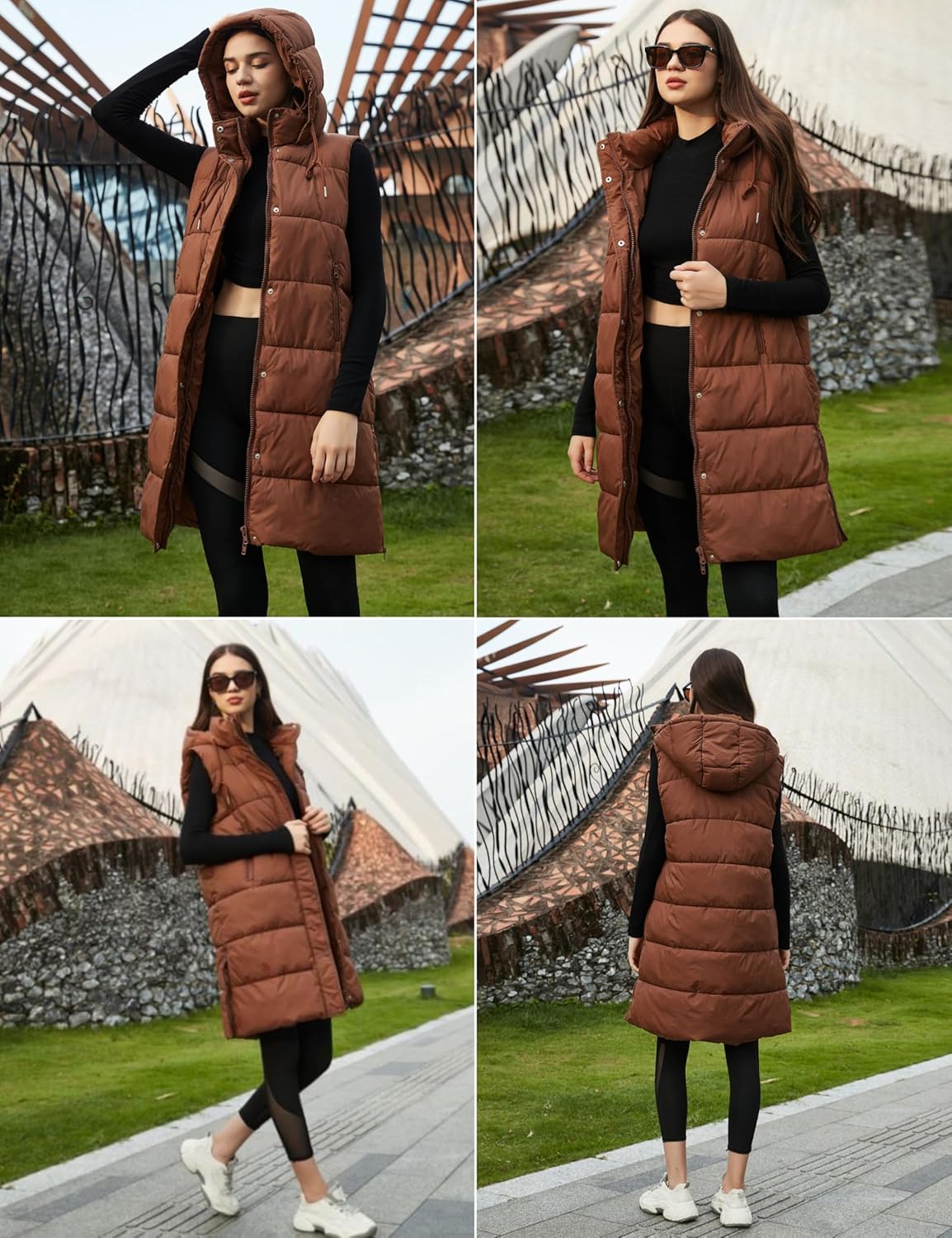 PUWEI Long Puffer Vest Women Quilted Hooded Vest Padded Sleeveless Coat Jackets With Pockets - Image 3