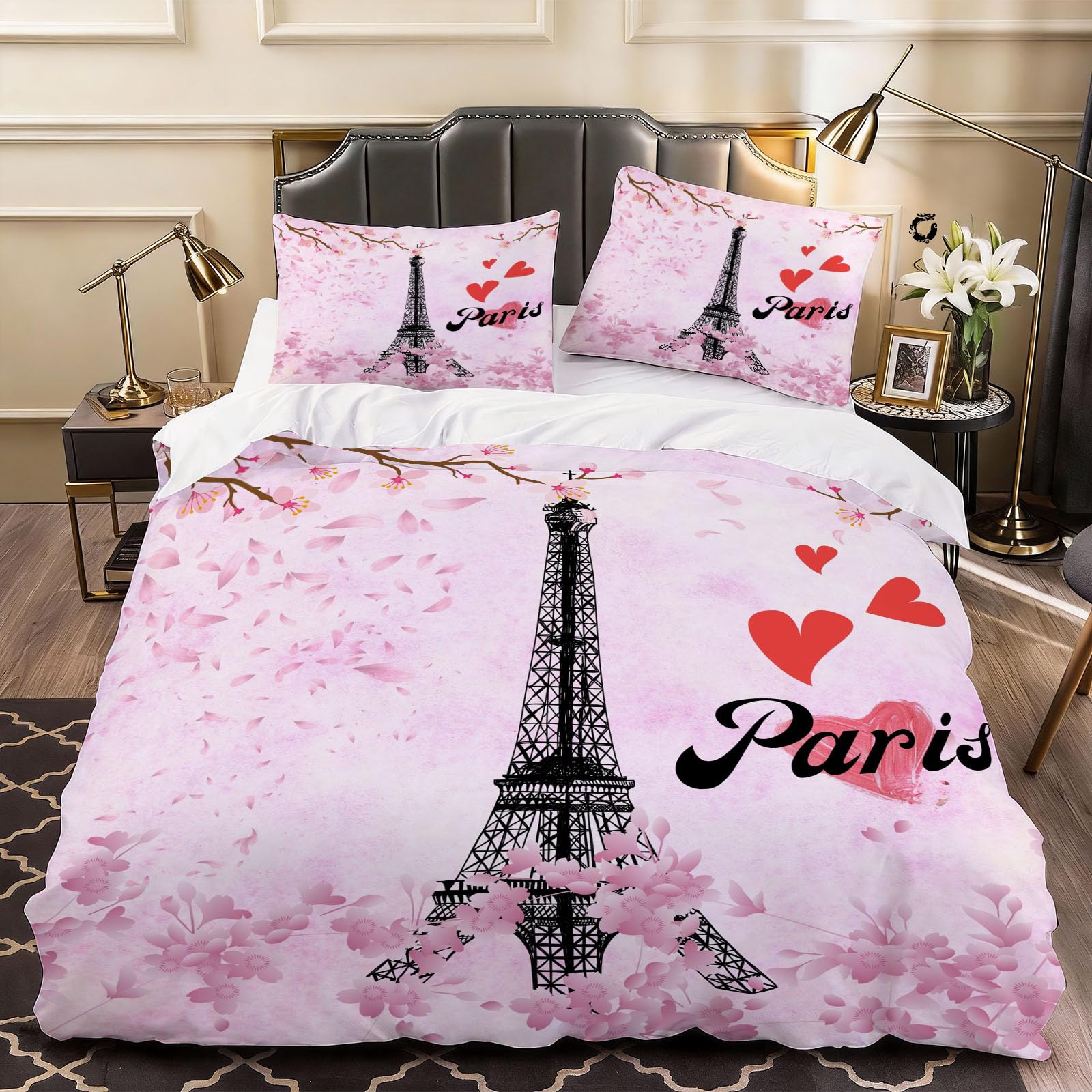 3D Eiffel Tower Duvet Cover Hearts Bedding Single Bed Set, Soft Microfiber Comforter Cover Printed with Zipper Closure Quilt Coverr 135x200 cm and 2 Pillowcases
