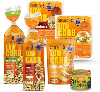 STEINER's Low Carb Kennenlern Box | 79-99% weniger Kohlenhydrate | Fusilli, Brötchen & Rührkuchen Backmischung | Inkl. Avocado Topping | Ballaststoffreich, Eiweißreich, low calorie Lebensmittel