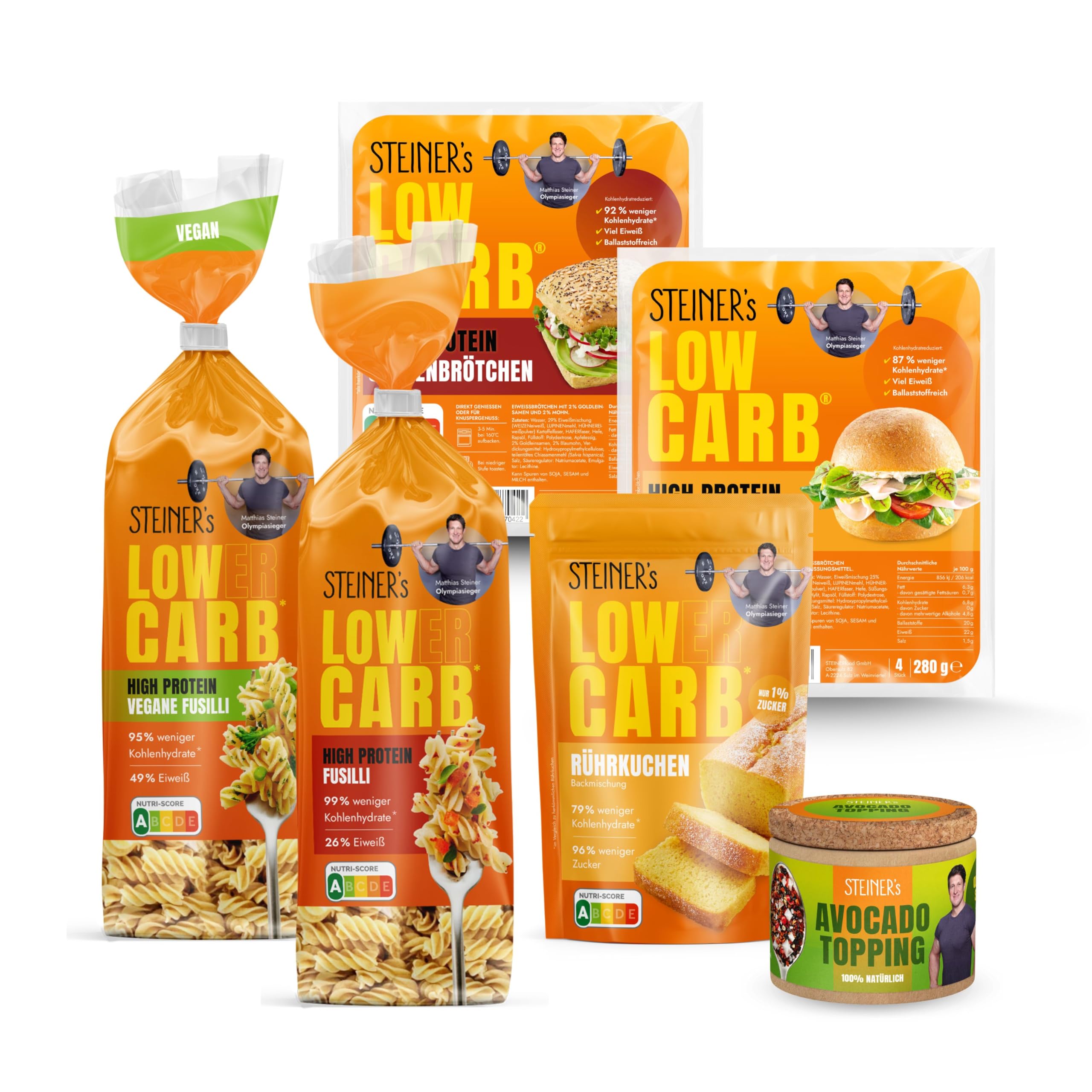 STEINER's Low Carb Kennenlern Box | 79-99% weniger Kohlenhydrate | Fusilli, Brötchen & Rührkuchen Backmischung | Inkl. Avocado Topping | Ballaststoffreich, Eiweißreich, low calorie Lebensmittel