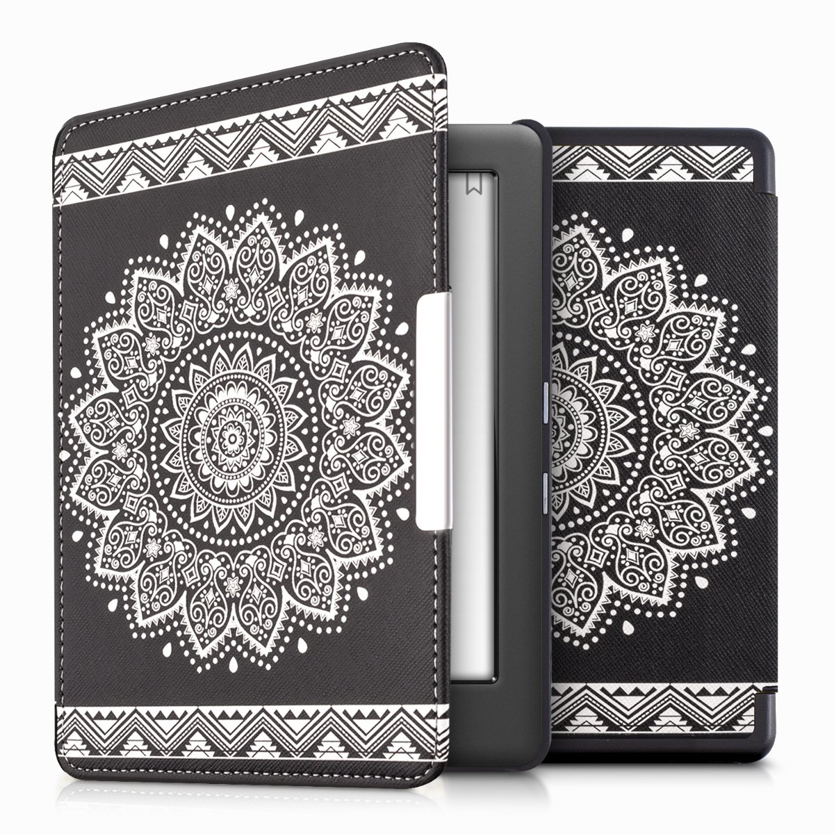 kwmobile Case Compatible with Kobo Glo HD/Touch 2.0 - Case PU e-Reader Cover - Flowers White/Black