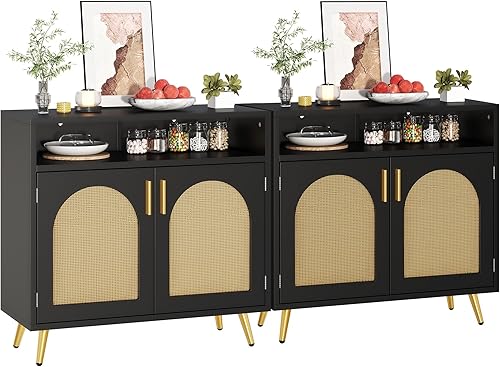 Miniatura 8 de DWVO Aparador de buffet, armario de almacenamiento con puertas de ratán natural y estantes ajustables para cocina, sala de estar y pasillo, color