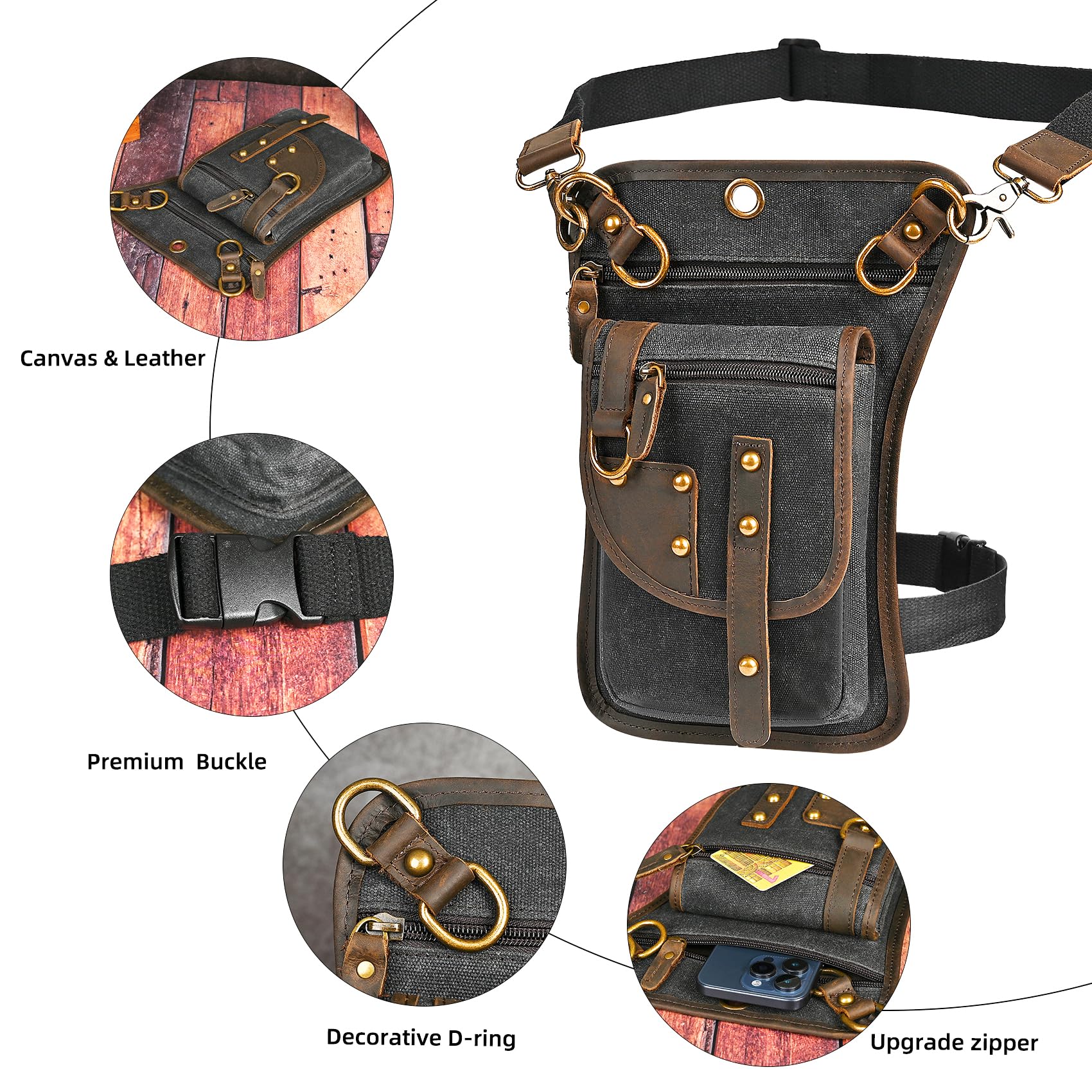 Tela Resistente All'acqua + Vera Pelle Moto Equitazione Travel Coscia Borsa per Gambe Marsupio in Vita Per Gli Uomini Donne FB2141