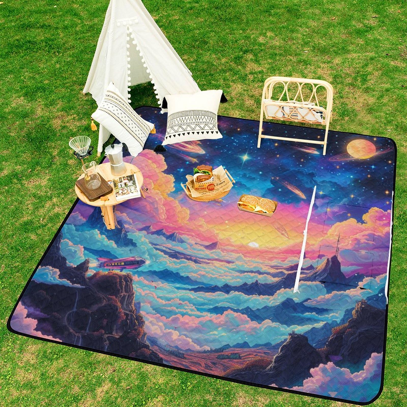 3D Stampa Luna e stelle Coperta Picnic Impermeabile artee Plaid Pic Nic Pieghevole Coperta Da Picnic Per Campeggio, Trekking, Montagna, Viaggi 200x200cm