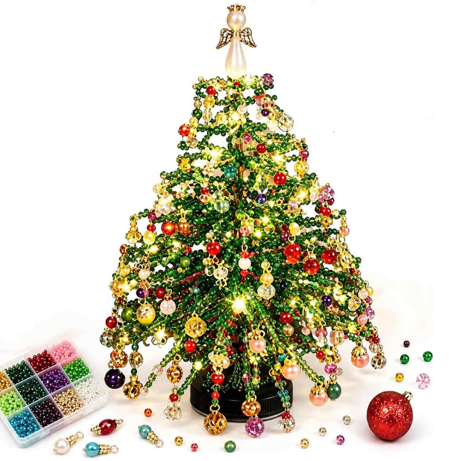 DIY Beaded Christmas Tree Kit, Lighted Tabletop Halloween Tree Craft Kit with Colorful Beads, Ornament Charms, Pearl Angel Topper, Tree Frame & Base, Crystal Holiday Craft Set for Adults (Green)