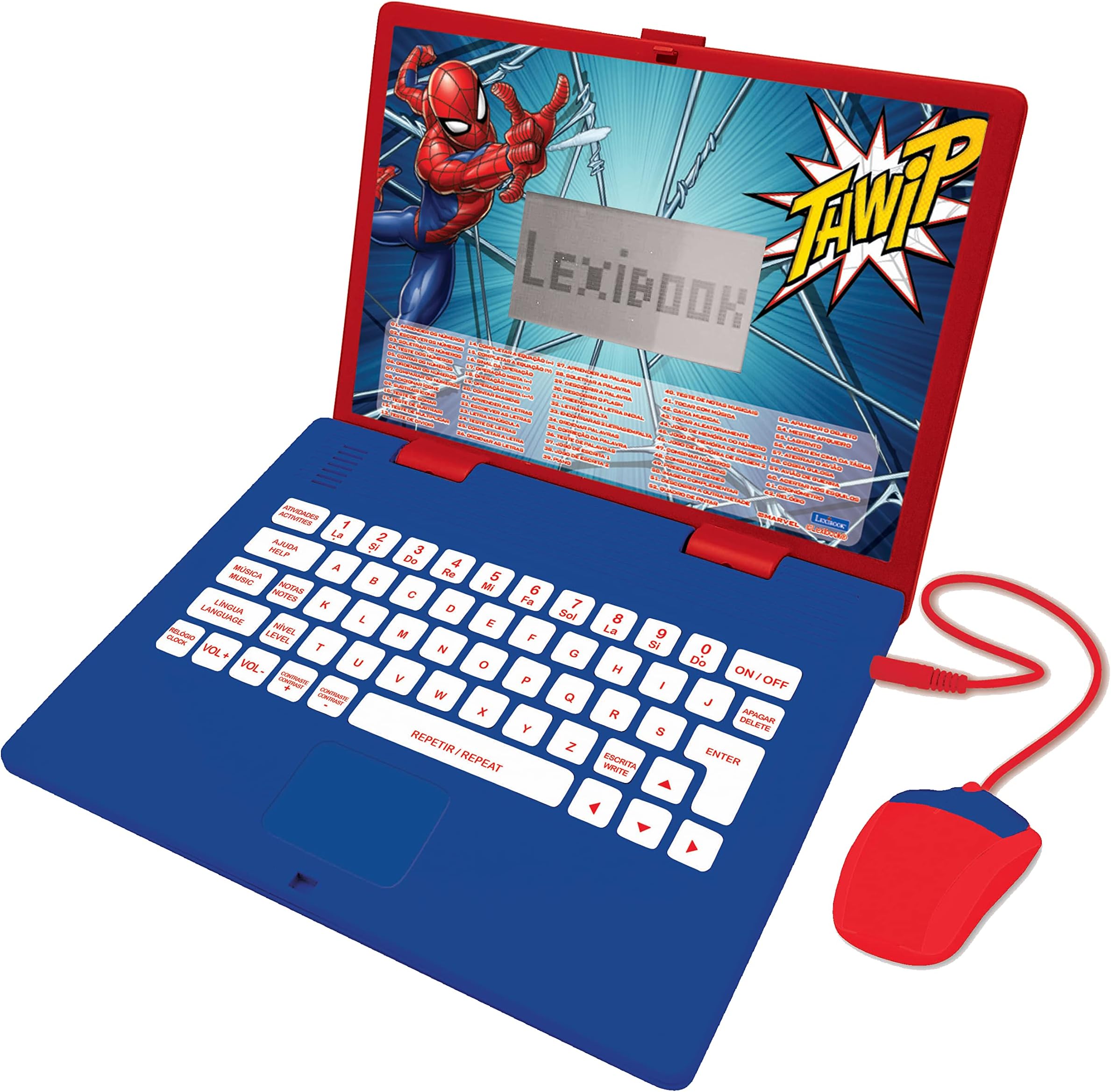 JC598SPi4 Marvel Spiderman-Educational and Bilingual Laptop Portuguese/English-Girls Toy with 124 Activities to Learn, Play Games and Music with Elsa & Anna-Blue/Red