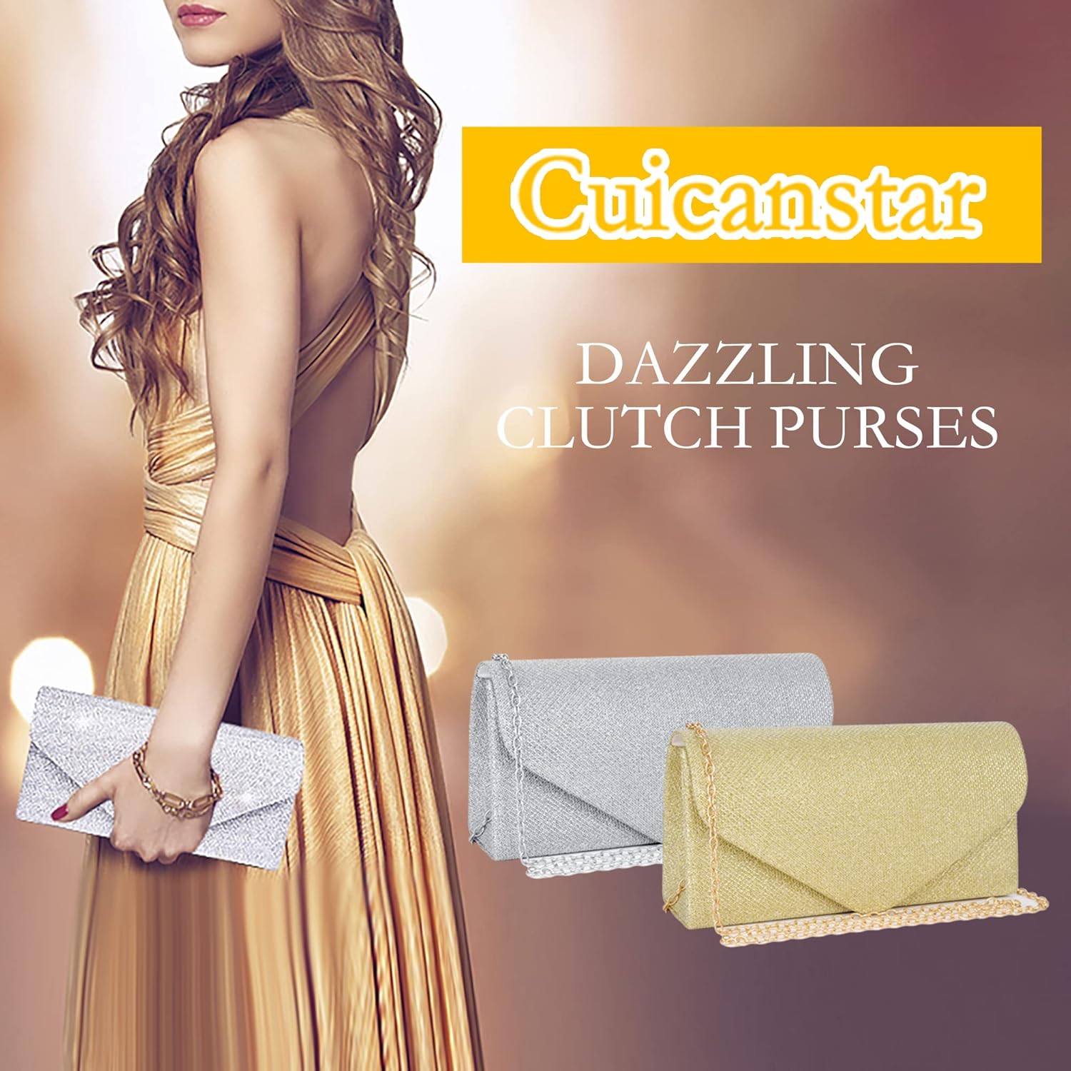 4 Pieces Silver Plated Clutch Purses Artificial Rhinestone Crystal Choker Necklace Teardrop Dangle Earrings Link Tennis Bracelet Jewelry Set Evening Bag Handbag Crossbody Envelope for Women - Image 2