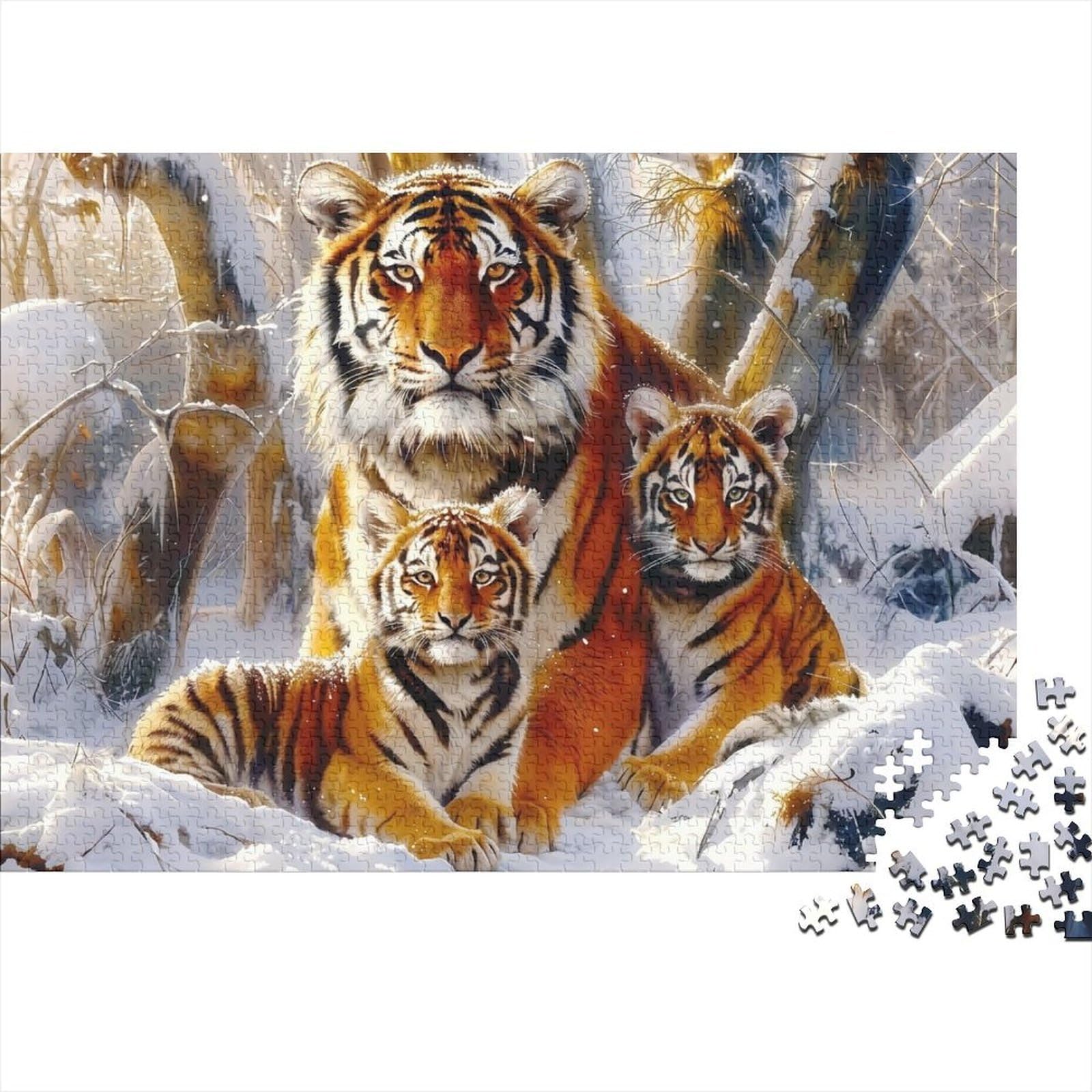 Tiger Family 1000 Piece Jigsaw Puzzle for Adults Snow Forest Scene 1000pc Jigsaw Puzzle Set Stress Relief Focus Improvement Home Decor Gift 38x26cm/1000pcs