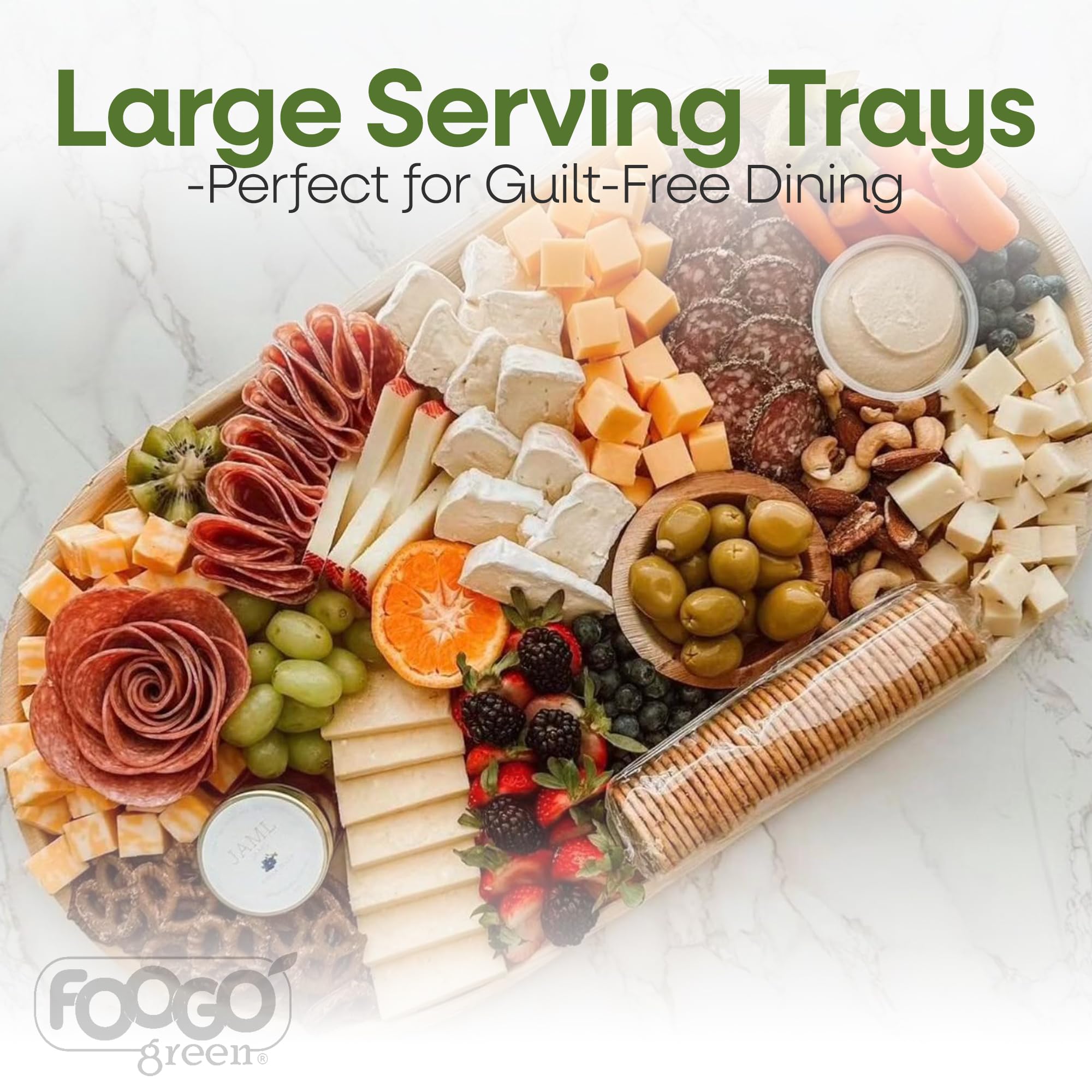 FOOGO Green 20 Vassoi Monouso Foglia di Palma, Ovali 56x30cm, Pizza | Biodegradabili e compostabili, resistenti a cibi caldi e unti, finitura naturale, per buffet, pizza e aperitivi