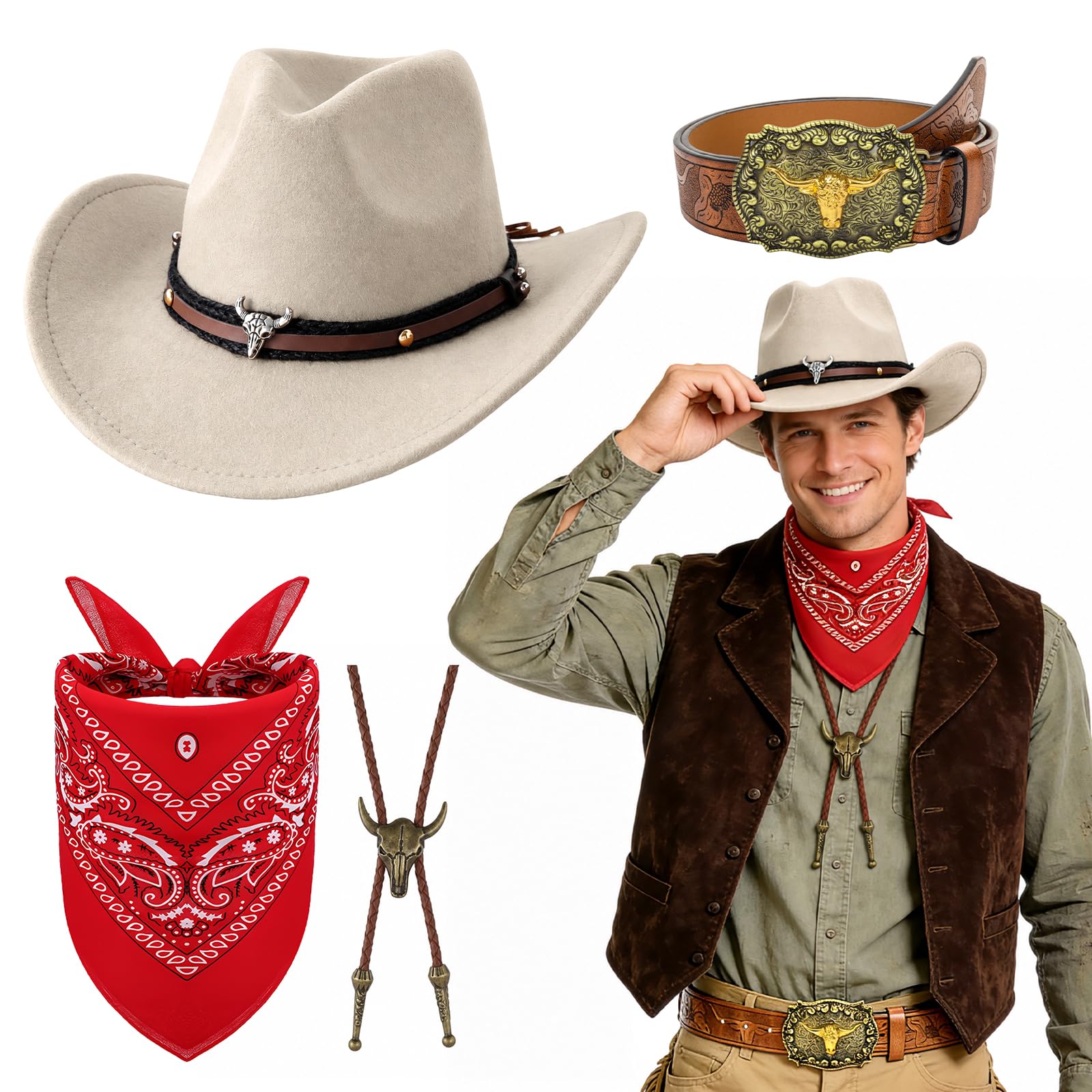 UxClishe 4Pcs Western Cowboy Accessories Set for Adults, Fancy Dress Kit with Cowboy Hat Bandana Necklace Belt Vintage Wild West Costume Outfit Kit for Hippie Halloween Theme Parties (beige)