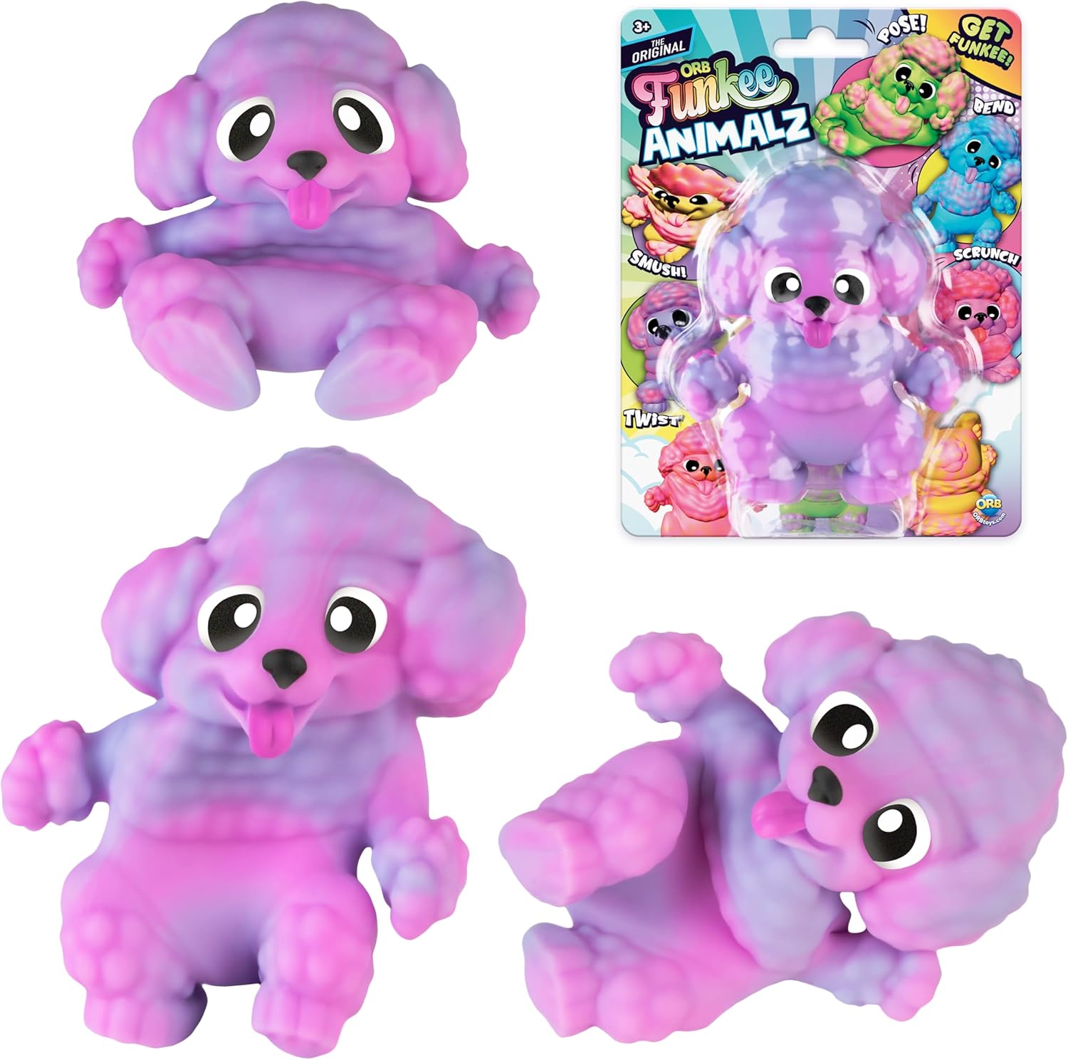 ORB Funkee Animalz MEGA Puppies 3 Pack (Set 1) - Adorable, Funny, Stretchy, Squishy Puppies, Perfect to Squeeze for Stress Relief - Original Sensory / Fidget Collectible Toy Dogs for Kids and Adults