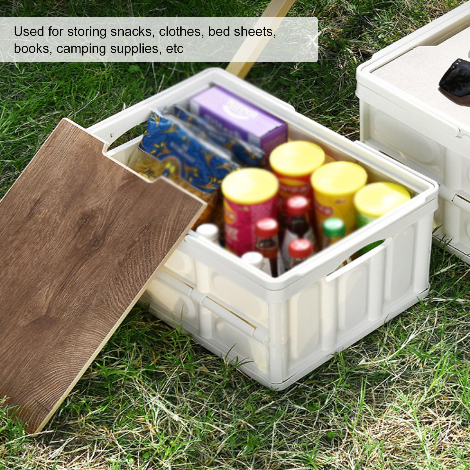 Contenitore pieghevole in plastica, contenitore da campeggio con coperchio in legno, grande scatola impilabile con manici, organizer per picnic all'aperto, archiviazione auto, smistamento domestico