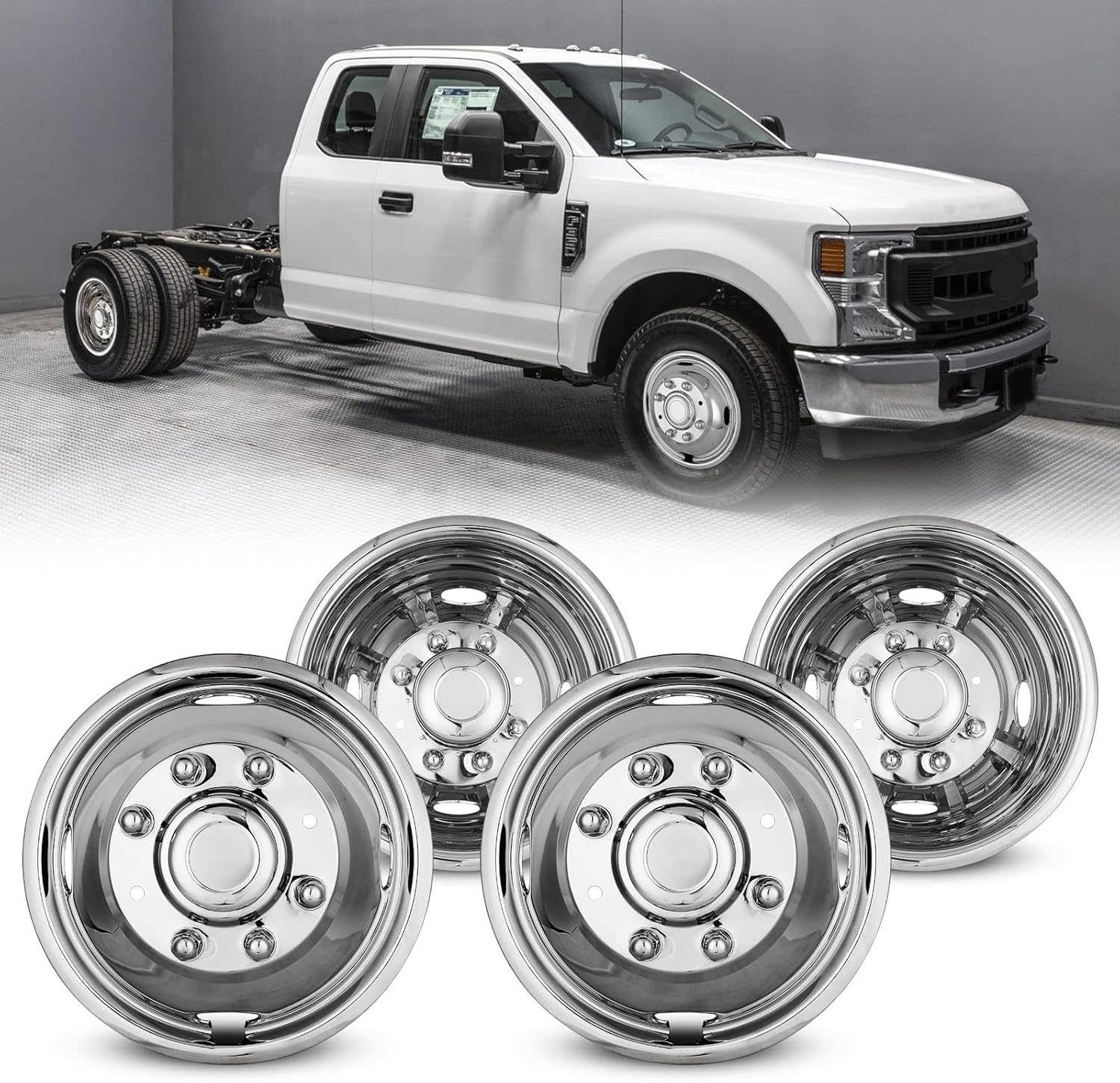 17" Dually Wheel Simulators for 2005-2025 Ford F-350 Dual Rear Wheel Models, Set of 4, Over-The-Lug Mounting, Stainless Steel Dually Hubcaps - 17 Inch, 8 Lugs, 4 Hand Holes