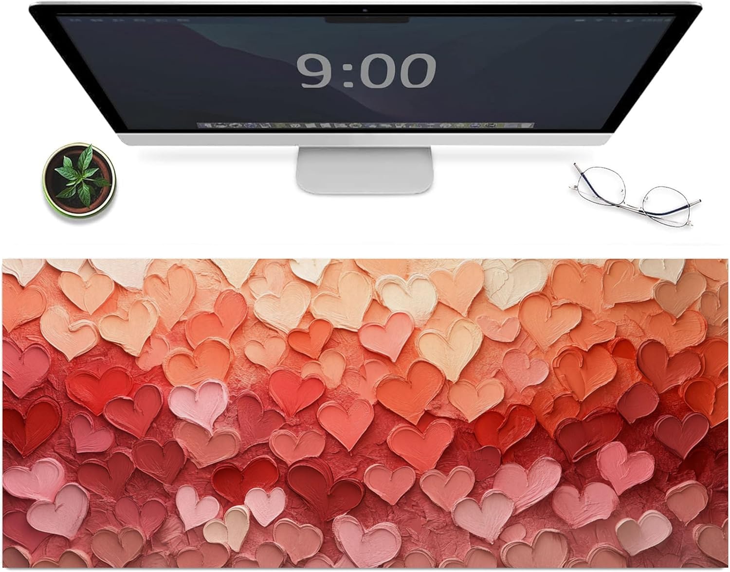 Gradient Heart Desk Mat with Warm Red and Pink Tones, Large Non-Slip Mouse Pad for Office, Home, or Gaming Setup, Romantic Valentine's Day Workspace Decor, 31x15in