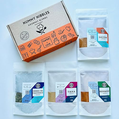 Global Spice Collection - Juego de regalo de bolsa de 4 bolsas Nummy Nibbles World Traveler de mezcla de hierbas, especias y condimentos, sin sal,