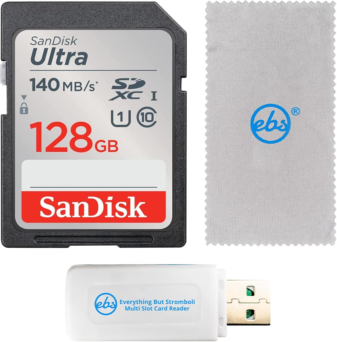 La tarjeta de memoria SanDisk SDXC Ultra de 128 GB funciona con cámaras digitales Canon | Para EOS Rebel T7, Rebel T6, 77D (SDSDUNB-128G-GN6IN) Paquete con lector de tarjetas Everything But Stromboli y paño de microfibra