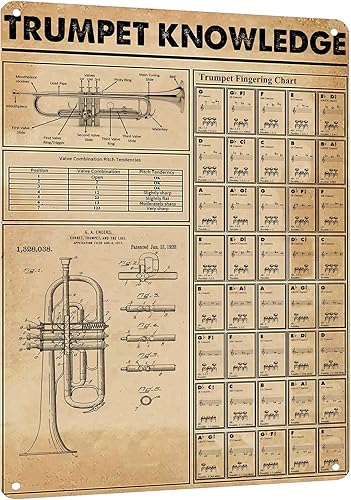 Miniatura 1 de HYBLOM Cartel de metal de trompeta con dedos y conocimiento, póster de lata para amantes de la música, arte de pared de trompeta vintage para