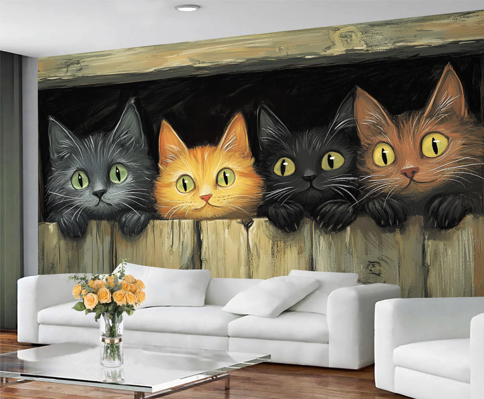 GIVLWF Cat Print Living Room Wallpaper Country Cat Mural & Wall Decor Cute Kids Wallpaper for Bedroom Non Self Adhesive Wall Paper & Mural