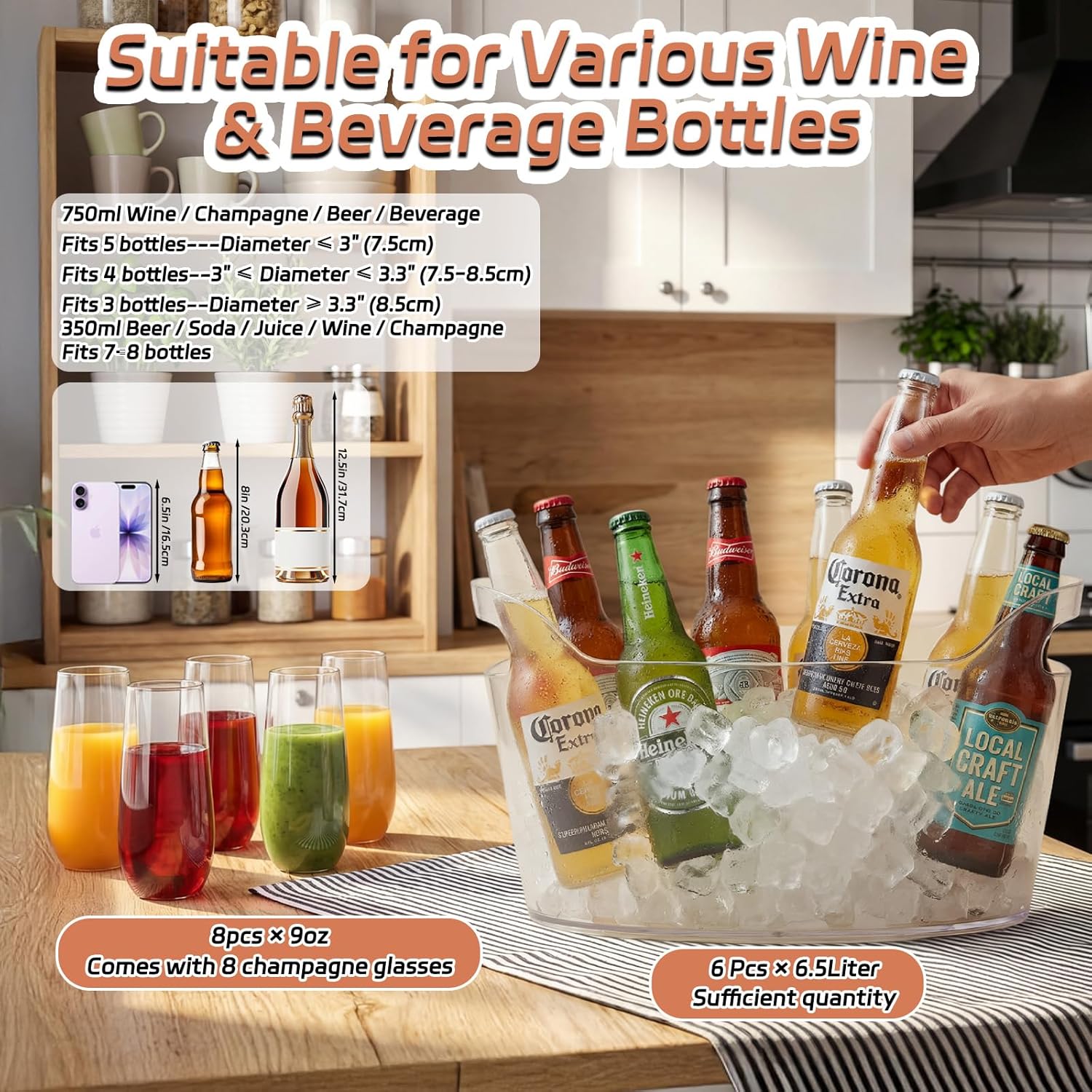 6 Pack 6.5L Clear Ice Buckets for Parties, Large Plastic Beverage Tub Set with Scoops, Champagne Flutes & Wine Opener, Portable Drink Cooler Champagne Bucket for Beer & Mimosa Bar Supplies