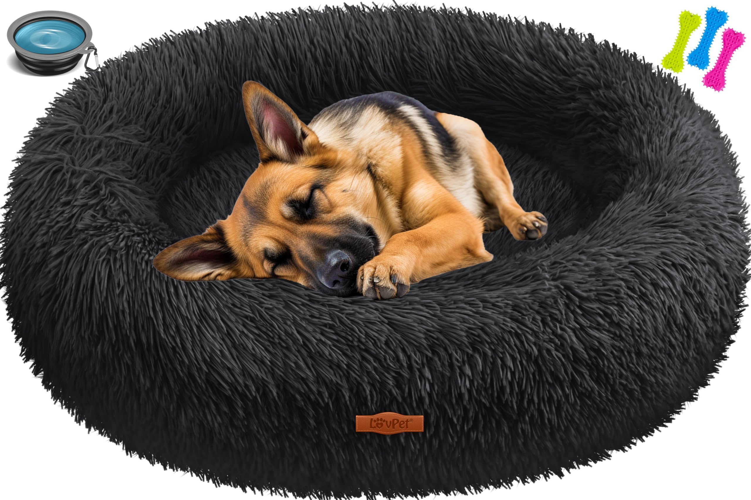 Lovpet® Letto per Cani e Gatti Bagel Ø 100 cm - (3XL), Lavabile, incl. Ciotola + 3X Ossi da Masticare, Divano per Cani in Peluche per Gatti - Nero