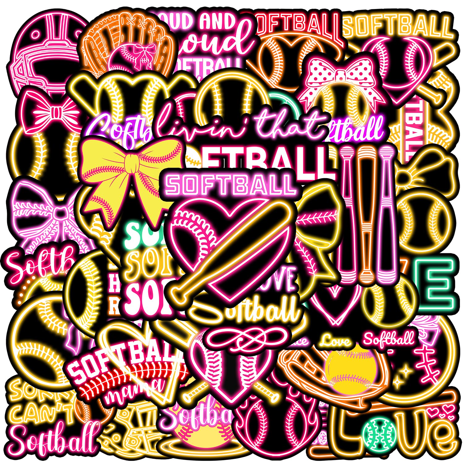 Photo 1 of 120PCS Neon Softball Stickers Softball Party Favors Birthday Party Decorations Vinyl Waterproof Stickers for Water Bottle Laptop Luggage Helmet