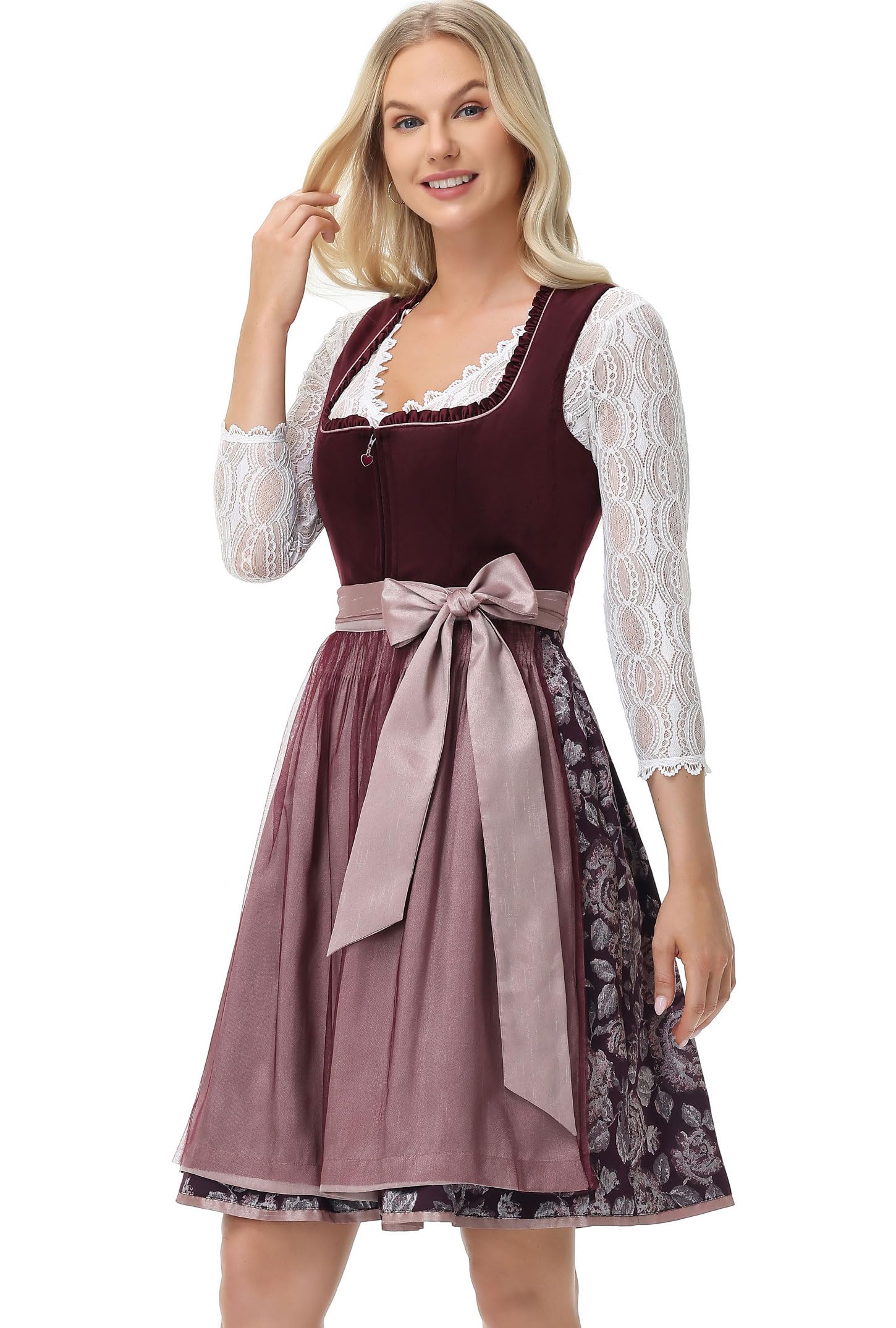 TrendiMax Damen Midi Dirndl - Elegante vestido tradicional tirolés de terciopelo para Oktoberfest con delantal tirolesa 34-46