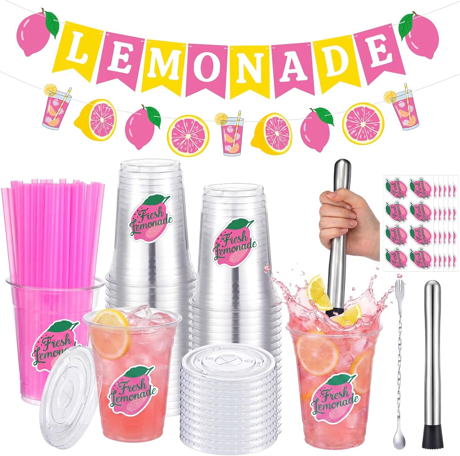 Jingmore 150 Sets Lemonade Stand Supplies Kit 12 oz Lemon Cups with Lids and Straws, Pink and Yellow Lemonade Banner, Sticker, Muddler & Mixing Spoon for Graduation Wedding Birthday Party Decorations