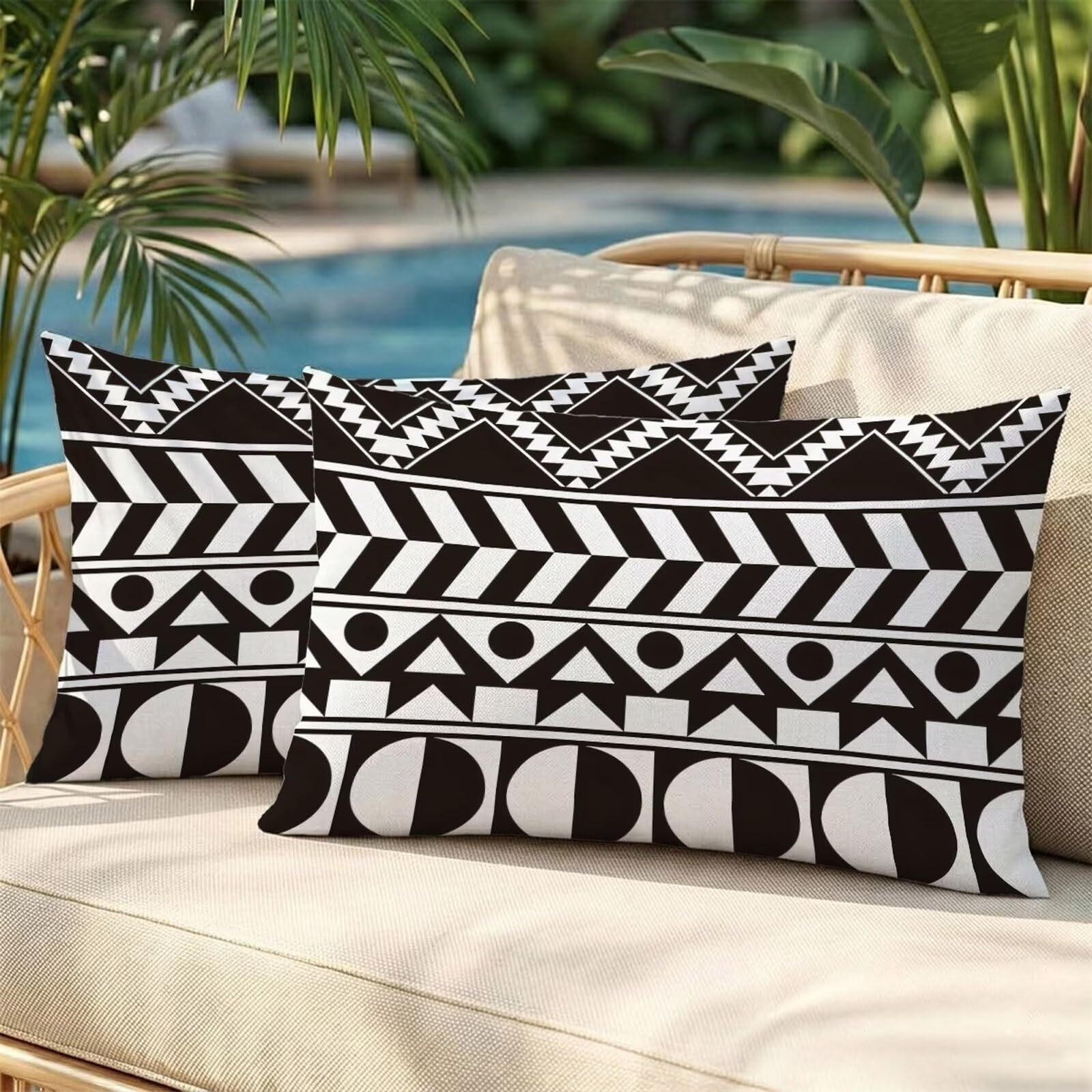 Taie oreiller noir et blanc en lin haut de gamme 50x60cm géométrique