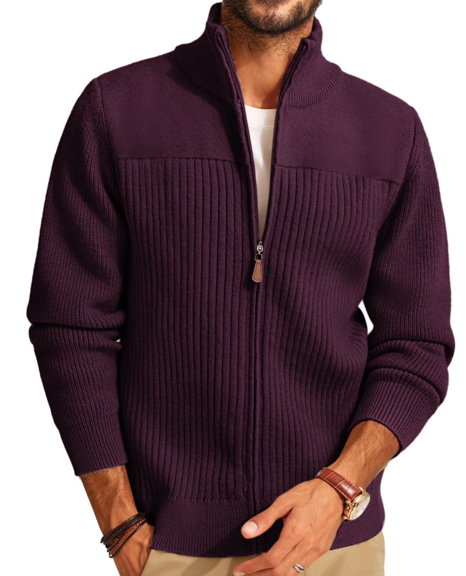 pj paul jones Men's Full Zipper Cardigan Casual Stand Collar Cardigan Sweater Ribbed Knit Long Sleeve Sweater, Burgundy, Medium-picture-29