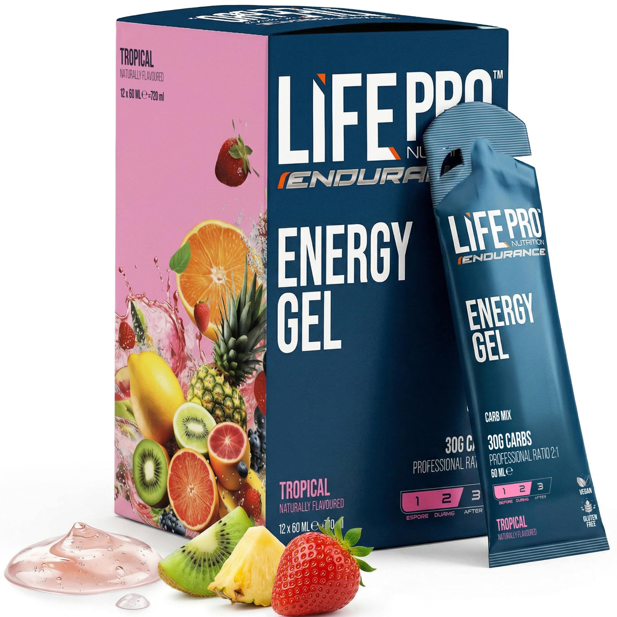 Life Pro Endurance Energy Gel 12X60Ml - Potente Fuente de Carbohidratos y Electrolitos para Rendimiento Superior en Deportes de Resistencia, Ideal para Ciclistas y Corredores - Sabor Tropical