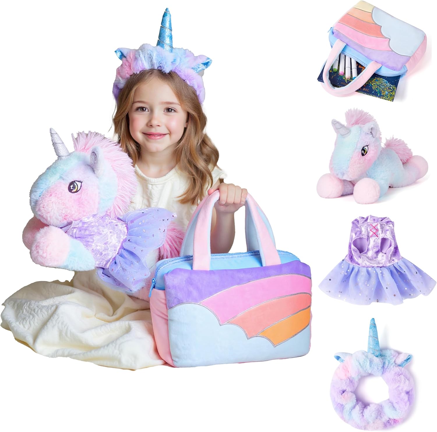 Unicorn Plush Purse for Girls with Hair Band, Cute Stuffed Animal Toy and Bag for Kids Ages 3-7, Gift for Birthday Christmas Valentine's Day (Purple)