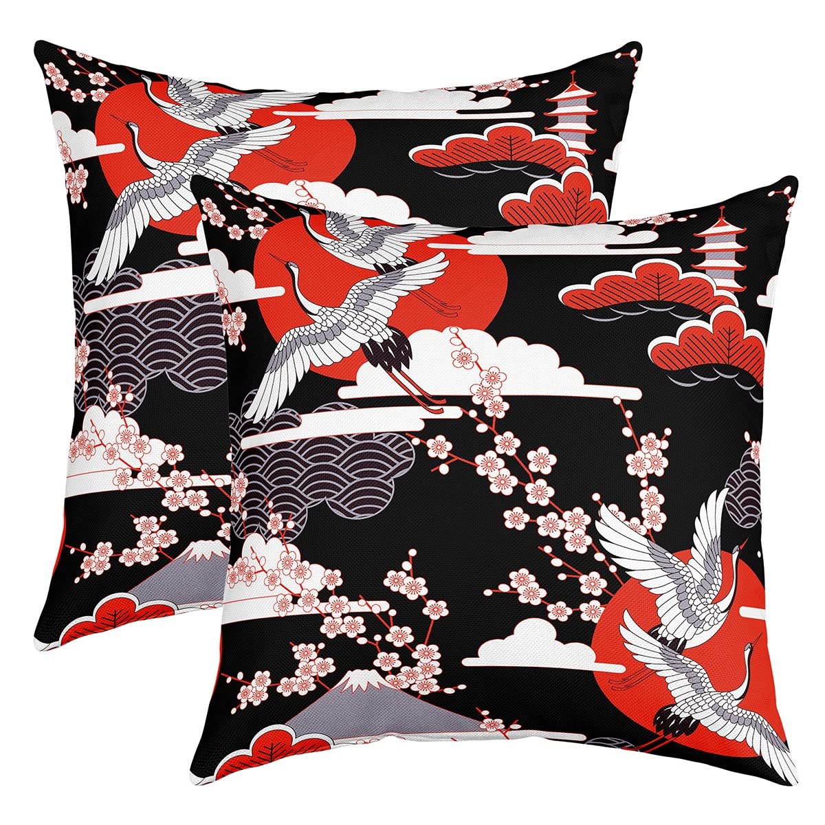 Crane Pillow Covers 24x24 Set Of 2 Japanese Style Throw Pillow Covers Cherry Blossoms Pattern Cushion Covers For Adult Women Girl Japanese Traditional Pattern Decorative Accent Pillow Cases