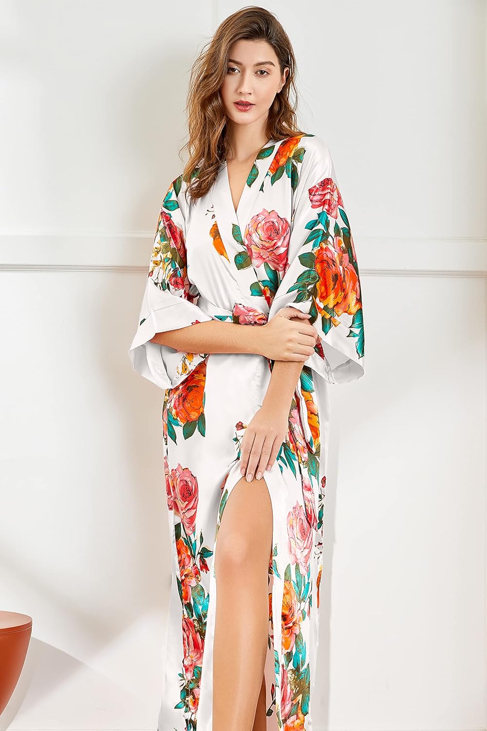 BABEYOND Plus Size Long Kimono Robe Floral Satin Robes Silky Kimono Cover Up Loose Cardigan Top Bachelorette Party Robe - Image 3