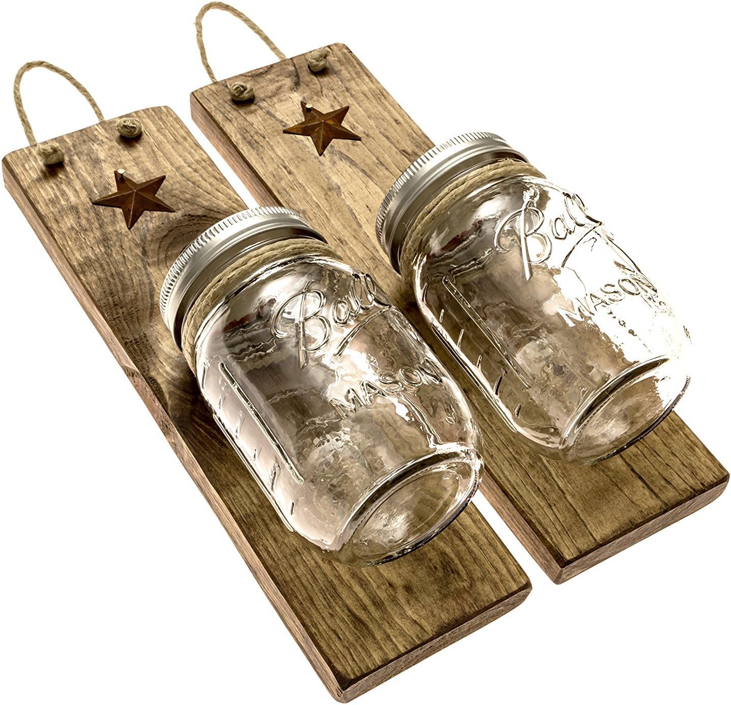 Heartful Homes Rustic Wood Bathroom Wall Decor - Pair Primitive Mason Jar Organizers -#1 Decorative Accessories Set for Country, Western, Vintage, and Outhouse Style - Toothbrush Holder (Provincial)