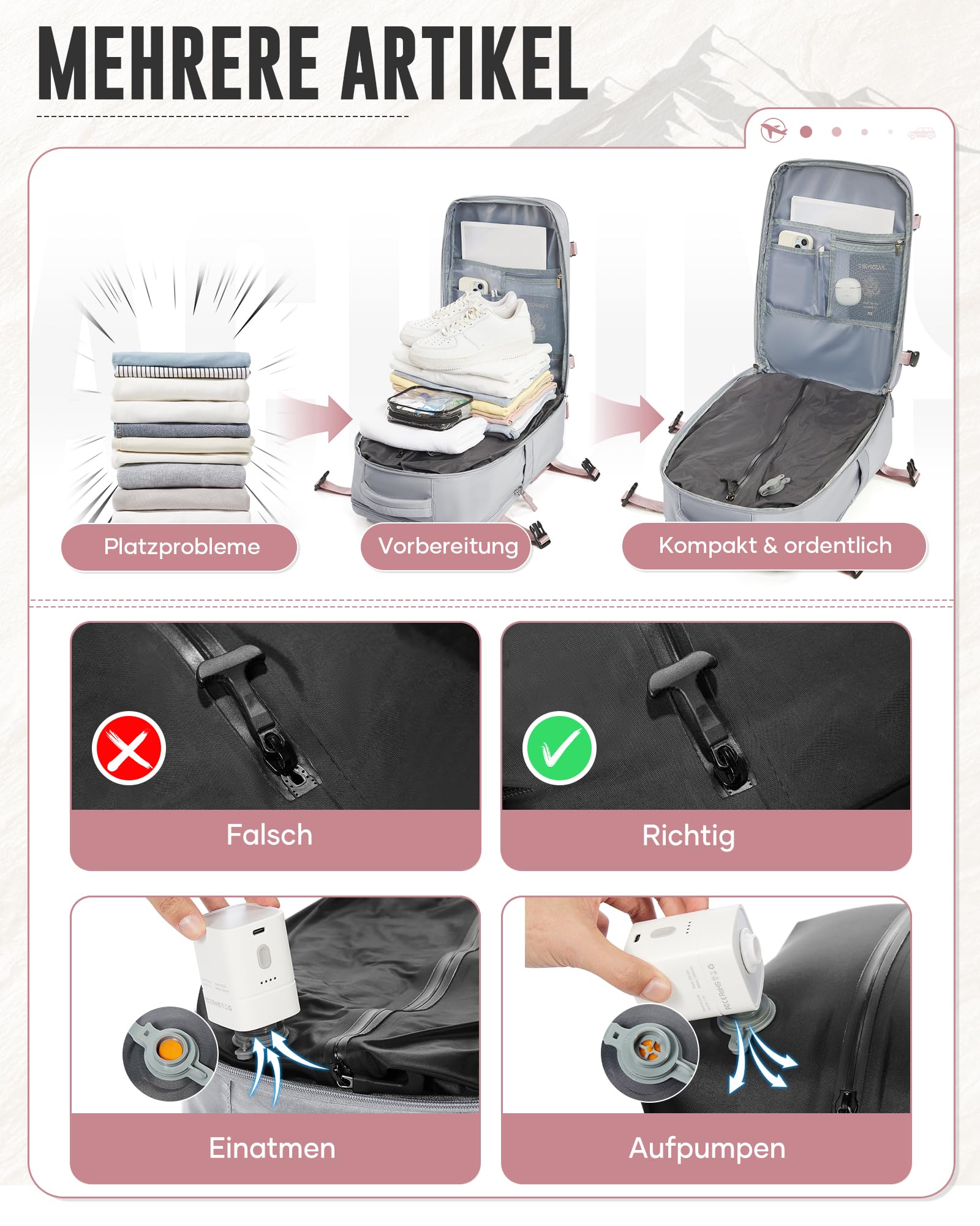 Vakuum Rucksack Handgepäck Flugzeug mit Schuhfach, Ryanair Reiserucksack Handgepäck mit Vakuumsystem, Rucksack Wasserdicht Laptop 14 Zoll für Damen Herren Airbag(Grau)