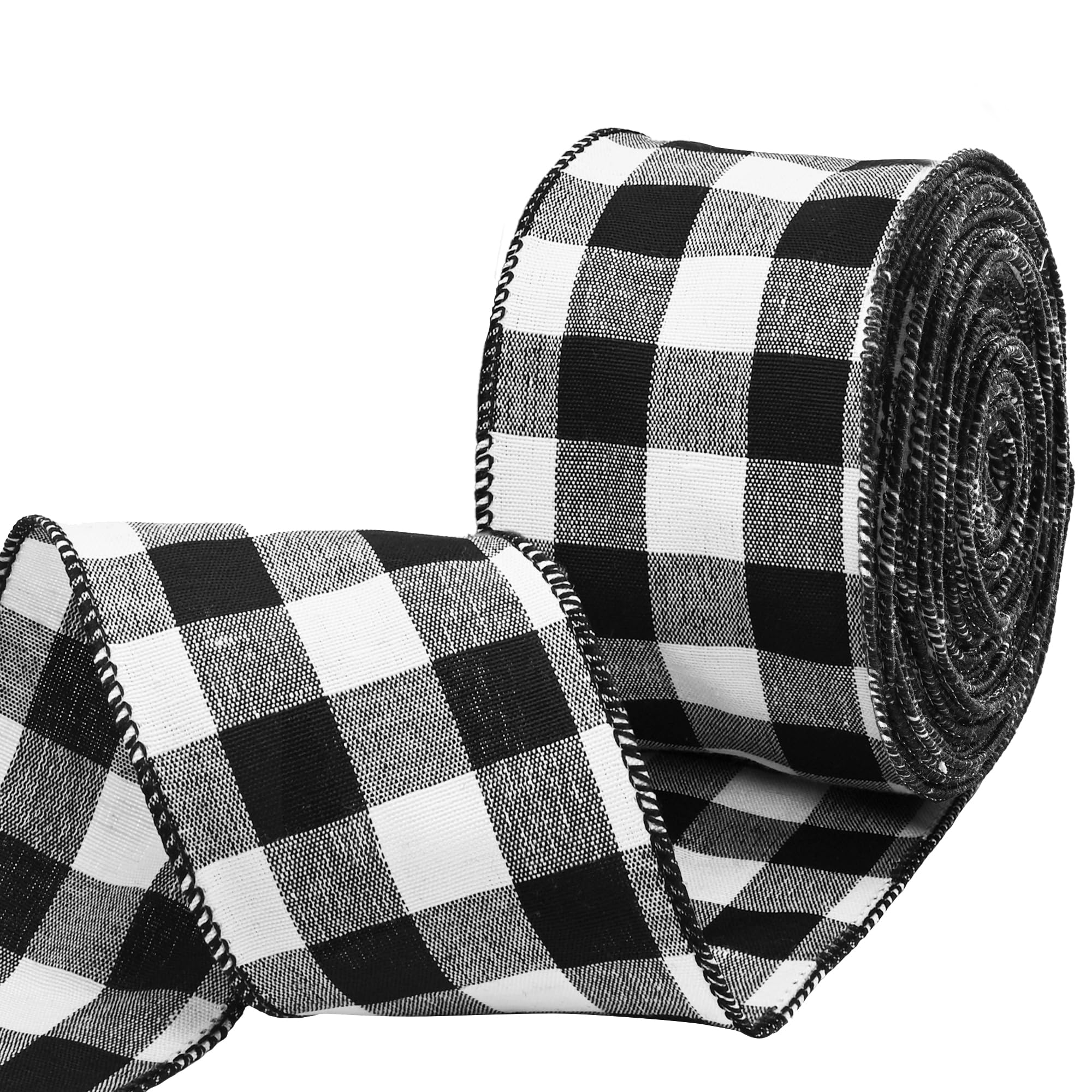 Gingham-Karo-Band, 6,4 cm x 13,7 m, mit Draht, schwarz-weiß, Gingham-Band, für Bastelarbeiten, Geschenkverpackungen, Baumdekoration, Kranz, Outdoor-Dekoration