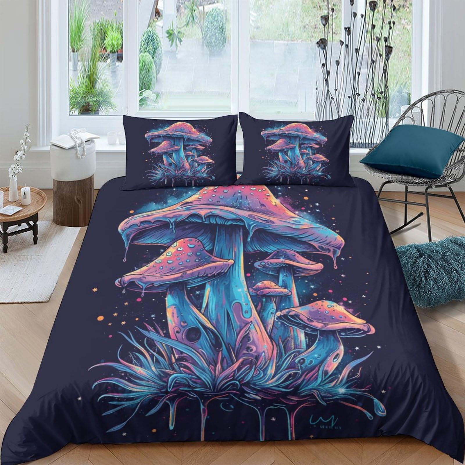 Stampato in 3D Fungo colorato Copertina Stampata Microfibra Disegnata Biancheria Da Letto Con Chiusura A Cerniera Con 2 Federe,Double（200x200cm）, Per Ragazzi Adulti