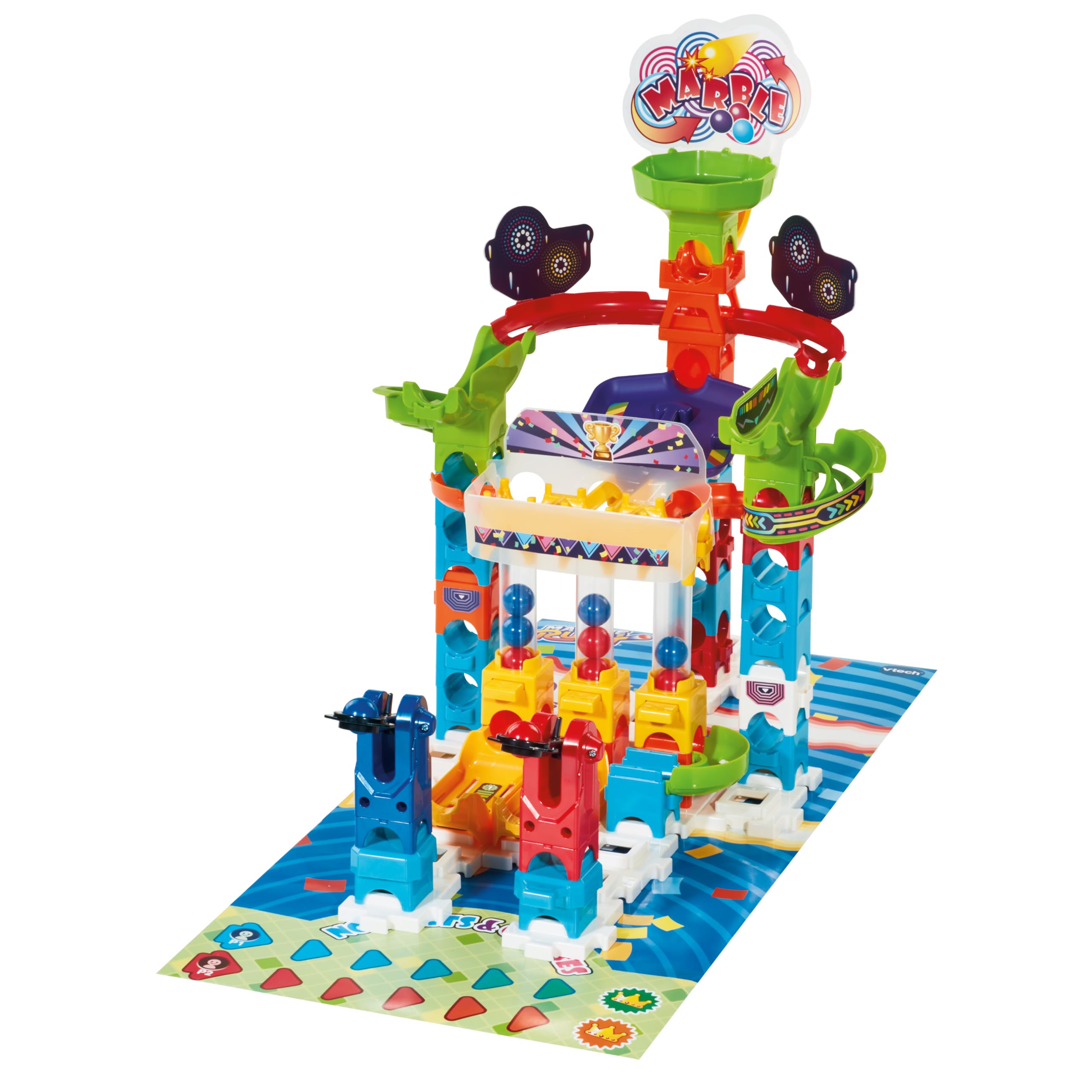 VTech - Marble Rush Juegos de competición, Juguete de construcción, Circuito de canicas, 62 Piezas, 12 canicas, 1 tapete de Juego de Doble Cara y 6 fichas, Regalo niños +4 años, Contenido Español